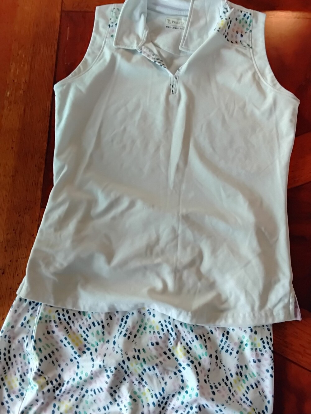 Pebble Beach White Sleeveless Polo Tank with Multicolor Dot Accents